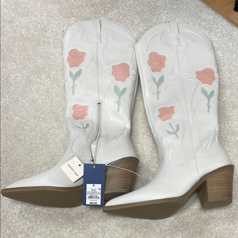 Matisse White and Pink Heeled Boots with Floral Design